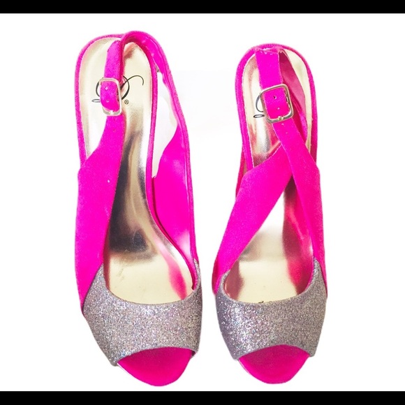 HEART IN D Peep-toe Sling Back Block Heels/Shoes With Glitter Front Pink Size 7 - Picture 3 of 9